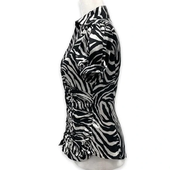 Guess Jeans Zebra Print Silky Short Sleeve Button Front Ruched Collared Blouse - Picture 3 of 14